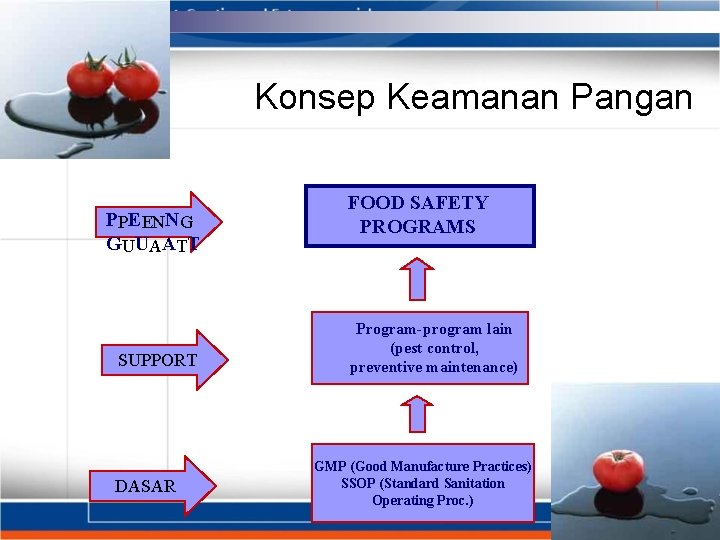 Konsep Keamanan Pangan PPEENNG G UUAAT T SUPPORT DASAR FOOD SAFETY PROGRAMS Program-program lain