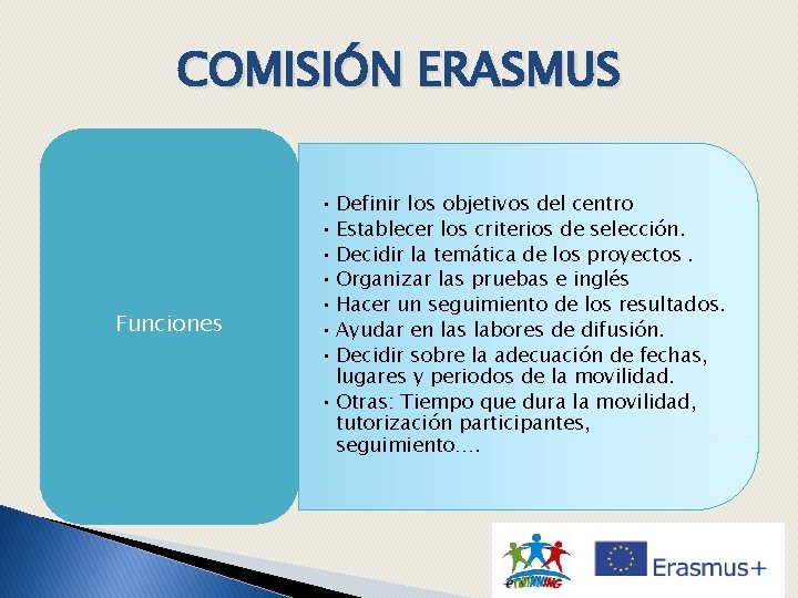COMISIÓN ERASMUS Funciones • Definir los objetivos del centro • Establecer los criterios de