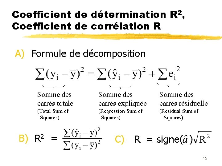 Coefficient de détermination R 2, Coefficient de corrélation R A) Formule de décomposition Somme