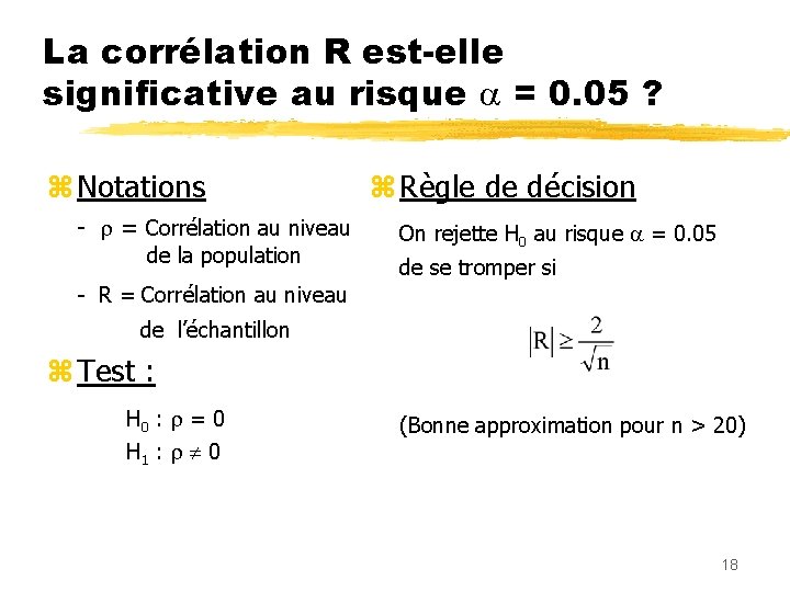 La corrélation R est-elle significative au risque = 0. 05 ? z Notations -