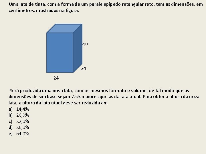 Uma lata de tinta, com a forma de um paralelepípedo retangular reto, tem as Uma lata de tinta, com a forma de um paralelepípedo retangular reto, tem as