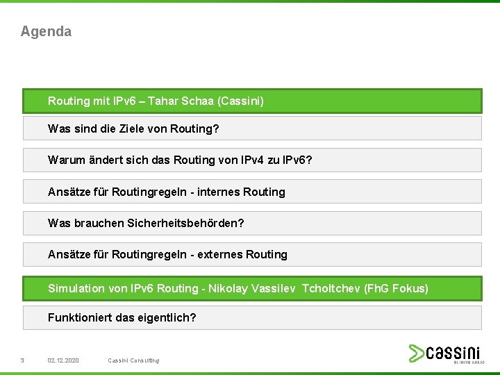 Agenda Routing mit IPv 6 – Tahar Schaa (Cassini) Was sind die Ziele von