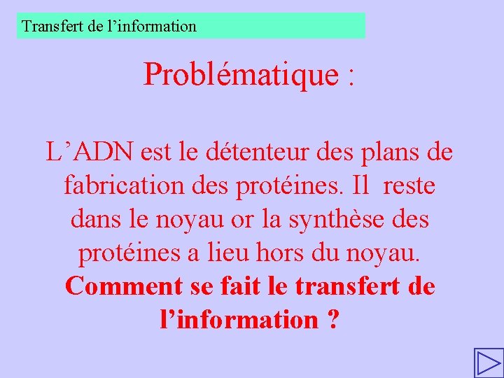 Transfert de l’information Problématique : L’ADN est le détenteur des plans de fabrication des