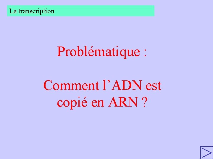 La transcription Problématique : Comment l’ADN est copié en ARN ? 