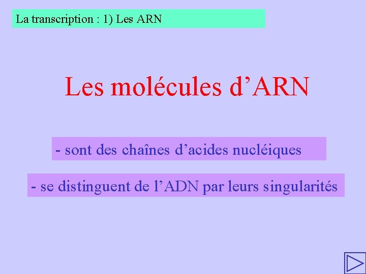 La transcription : 1) Les ARN Les molécules d’ARN - sont des chaînes d’acides