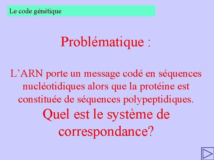 Le code génétique Problématique : L’ARN porte un message codé en séquences nucléotidiques alors