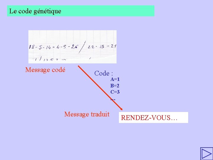 Le code génétique Message codé Code : A=1 B=2 C=3 … Message traduit RENDEZ-VOUS…