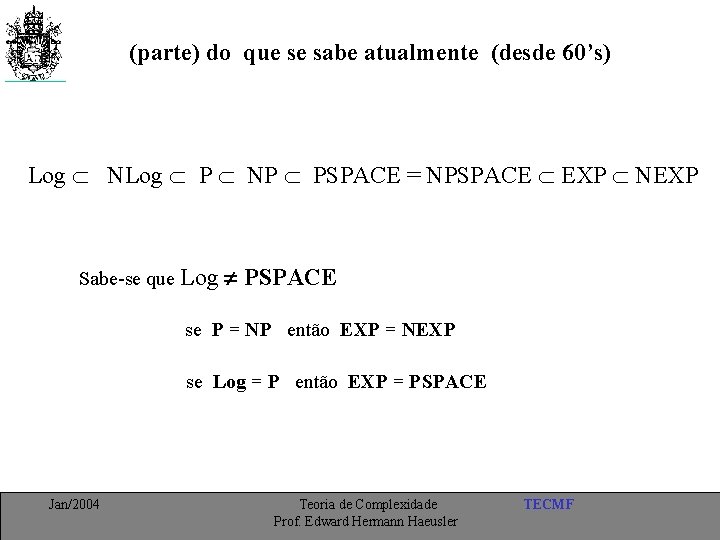 (parte) do que se sabe atualmente (desde 60’s) Log NLog P NP PSPACE =