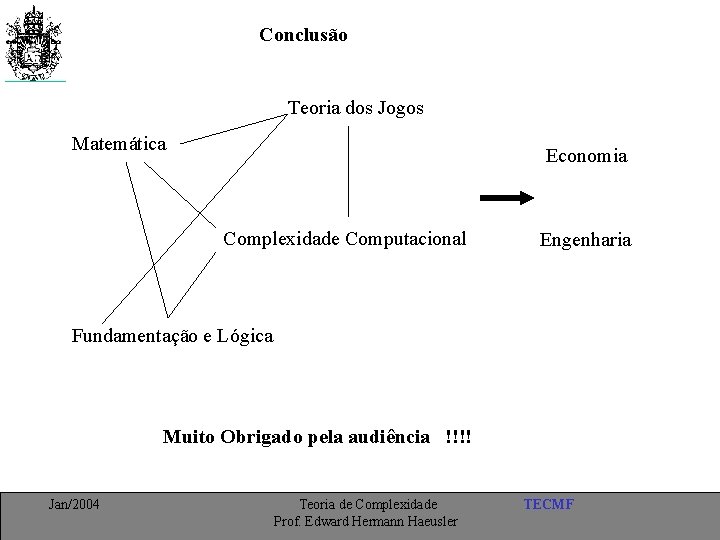 Conclusão Teoria dos Jogos Matemática Economia Complexidade Computacional Engenharia Fundamentação e Lógica Muito Obrigado