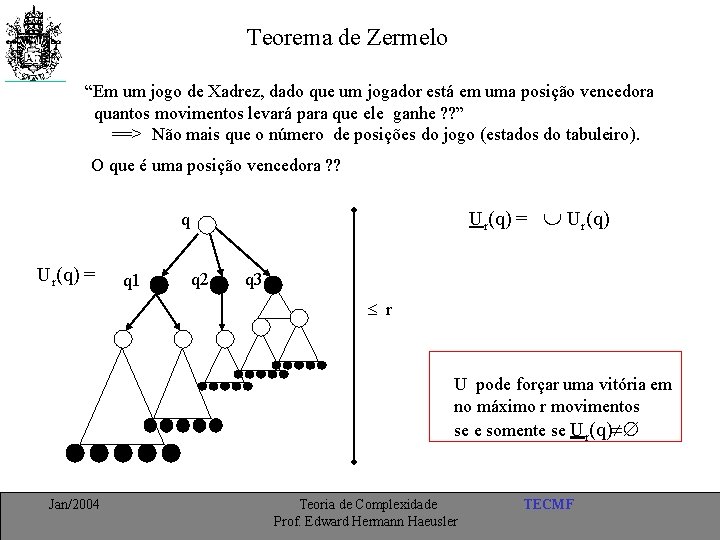 Teorema de Zermelo “Em um jogo de Xadrez, dado que um jogador está em