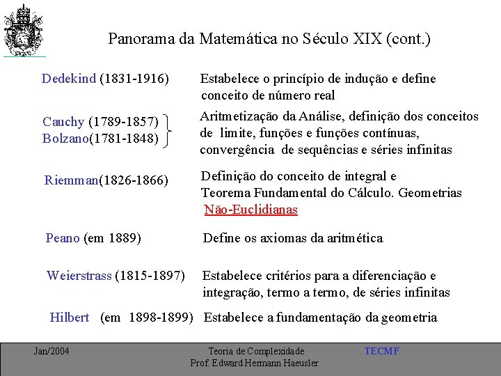 Panorama da Matemática no Século XIX (cont. ) Dedekind (1831 -1916) Estabelece o princípio