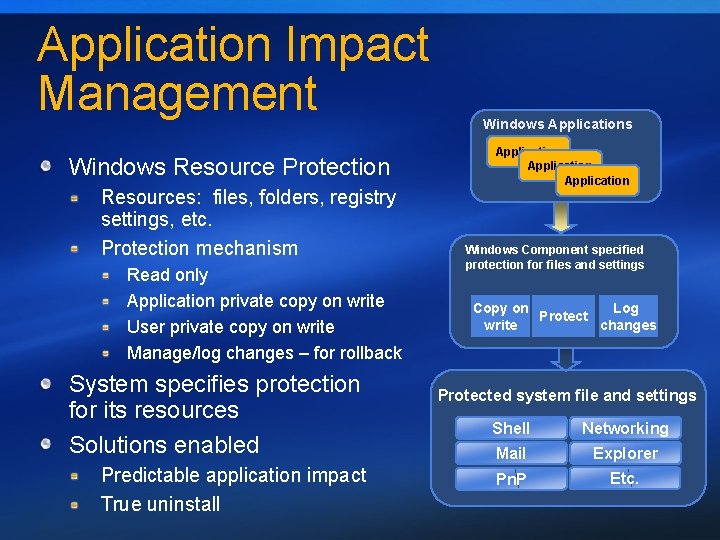 Application Impact Management Windows Resource Protection Resources: files, folders, registry settings, etc. Protection mechanism