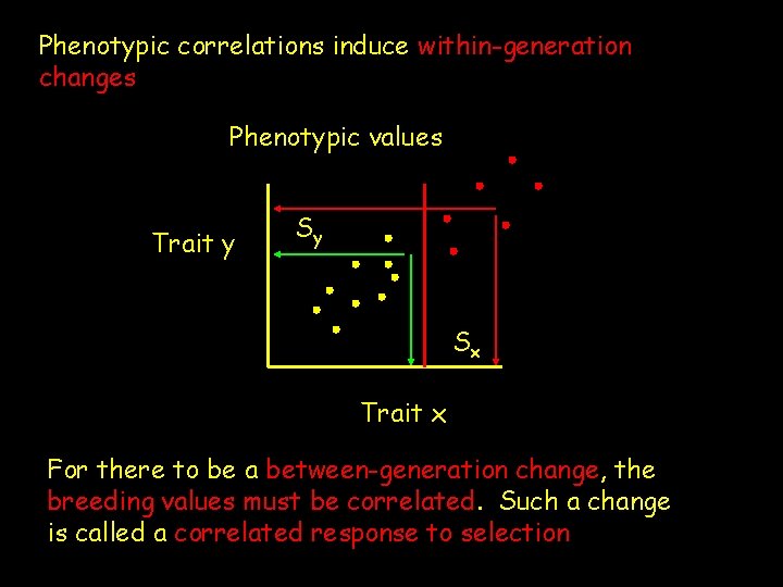 Phenotypic correlations induce within-generation changes Phenotypic values Trait y Sy Sx Trait x For