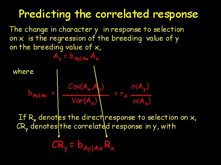 Predicting the correlated response The change in character y in response to selection on