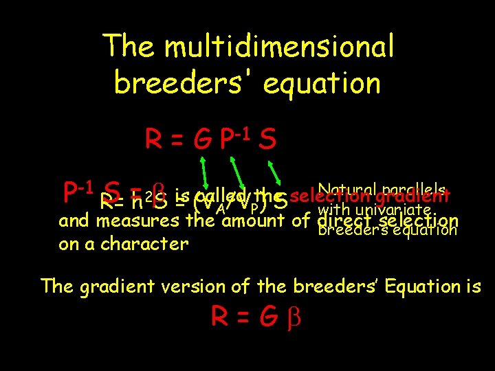 The multidimensional breeders' equation R = G P-1 S Naturalgradient parallels P-1 R= S