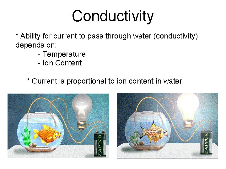 Conductivity * Ability for current to pass through water (conductivity) depends on: - Temperature Conductivity * Ability for current to pass through water (conductivity) depends on: - Temperature