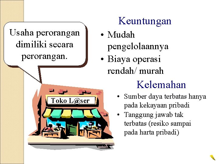 Keuntungan Usaha perorangan dimiliki secara perorangan. • Mudah pengelolaannya • Biaya operasi rendah/ murah Keuntungan Usaha perorangan dimiliki secara perorangan. • Mudah pengelolaannya • Biaya operasi rendah/ murah