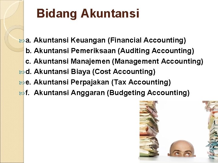 Bidang Akuntansi a. Akuntansi Keuangan (Financial Accounting) b. Akuntansi Pemeriksaan (Auditing Accounting) c. Akuntansi Bidang Akuntansi a. Akuntansi Keuangan (Financial Accounting) b. Akuntansi Pemeriksaan (Auditing Accounting) c. Akuntansi