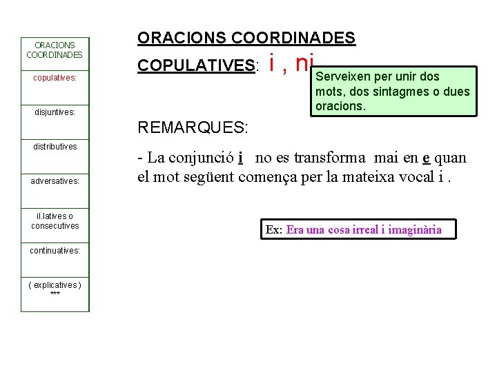 ORACIONS COORDINADES copulatives: ORACIONS COORDINADES COPULATIVES: i , ni. Serveixen per unir dos mots,
