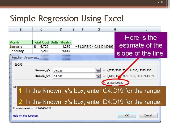2 -68 Simple Regression Using Excel Here is the estimate of the slope of