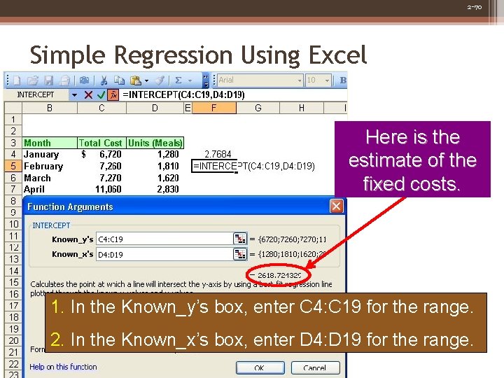 2 -70 Simple Regression Using Excel Here is the estimate of the fixed costs.