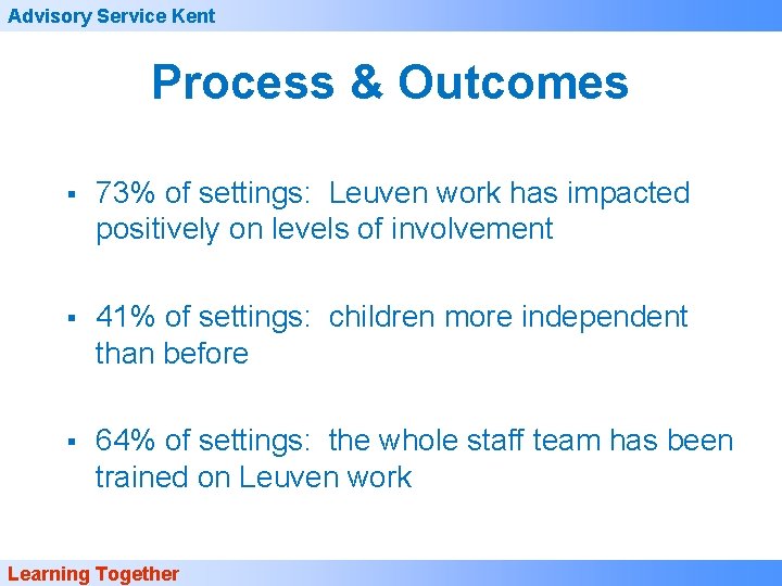 Advisory Service Kent Process & Outcomes § 73% of settings: Leuven work has impacted