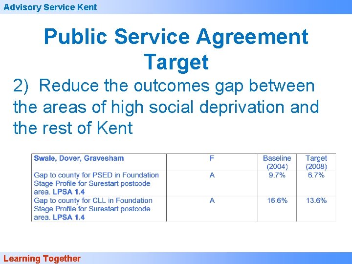 Advisory Service Kent Public Service Agreement Target 2) Reduce the outcomes gap between the