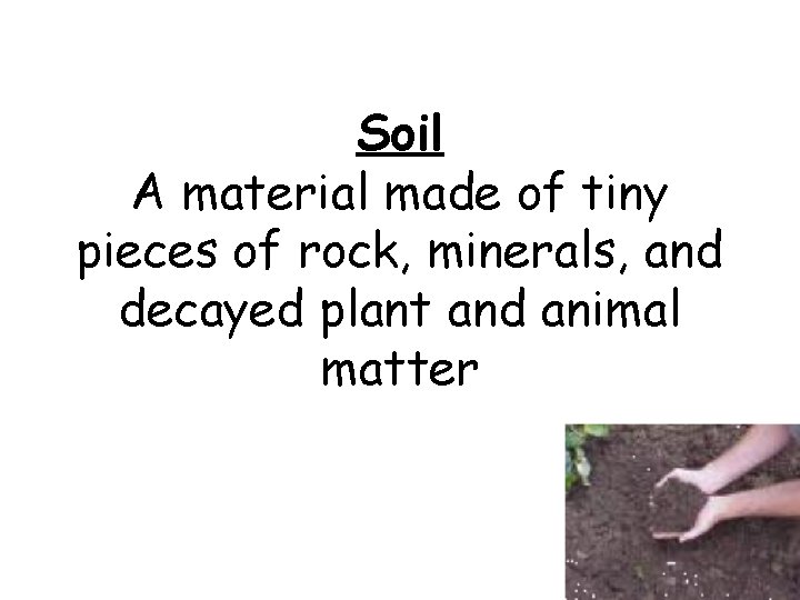 Soil A material made of tiny pieces of rock, minerals, and decayed plant and