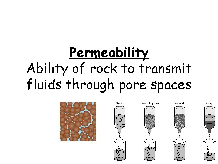 Permeability Ability of rock to transmit fluids through pore spaces 