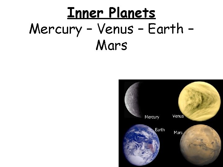 Inner Planets Mercury – Venus – Earth – Mars 