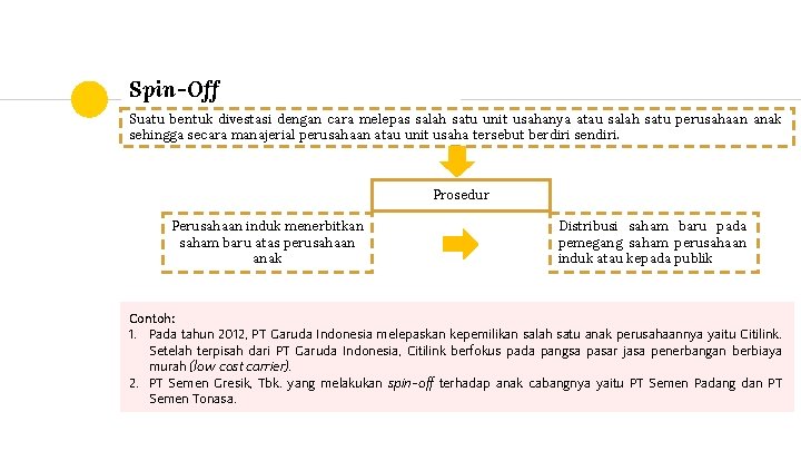 Spin-Off Suatu bentuk divestasi dengan cara melepas salah satu unit usahanya atau salah satu