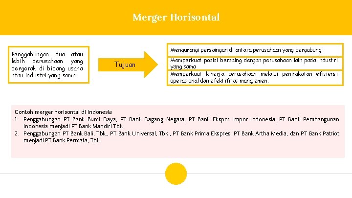 Merger Horisontal Penggabungan dua atau lebih perusahaan yang bergerak di bidang usaha atau industri