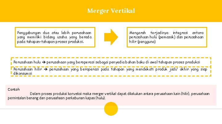 Merger Vertikal Penggabungan dua atau lebih perusahaan yang memiliki bidang usaha yang berada pada