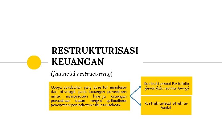 RESTRUKTURISASI KEUANGAN (financial restructuring) Upaya perubahan yang bersifat mendasar dan strategik pada keuangan perusahaan