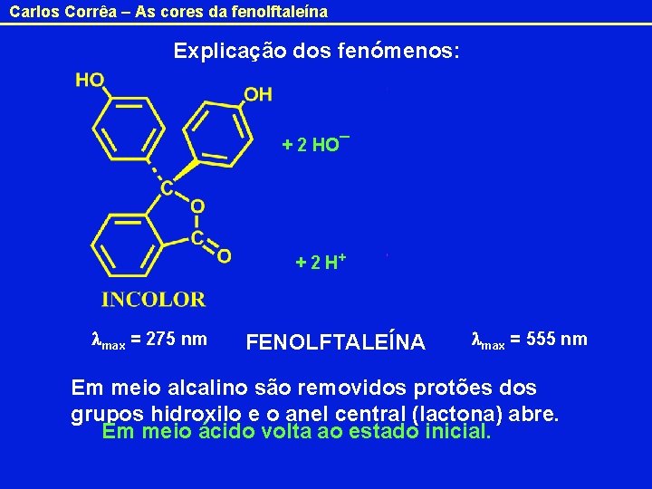 Carlos Corrêa – As cores da fenolftaleína Explicação dos fenómenos: + 2 HO¯ +