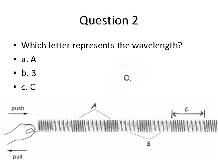 Question 2 • • Which letter represents the wavelength? a. A b. B c.