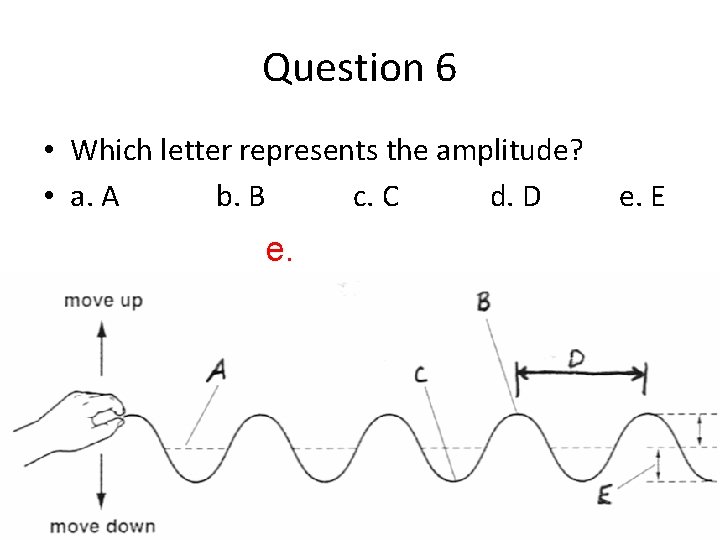 Question 6 • Which letter represents the amplitude? • a. A b. B c.