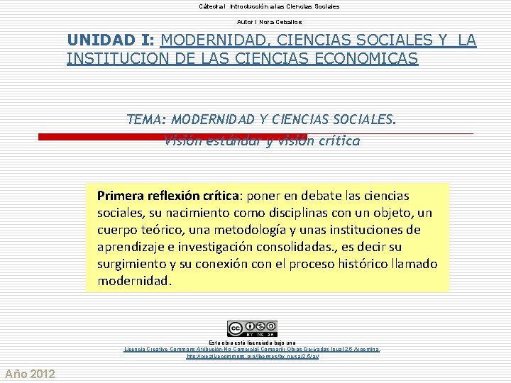 Cátedra l Introducción a las Ciencias Sociales Autor l Nora Ceballos UNIDAD I: MODERNIDAD,