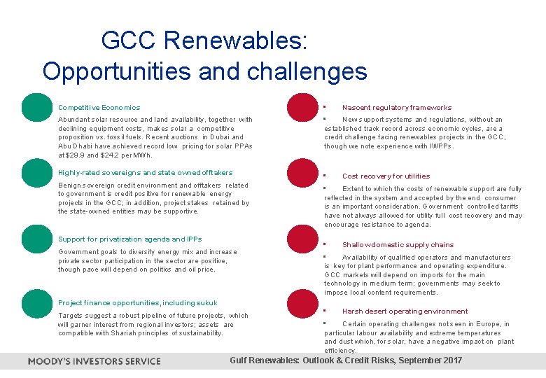 GCC Renewables: Opportunities and challenges Competitive Economics • Abundant solar resource and land availability,