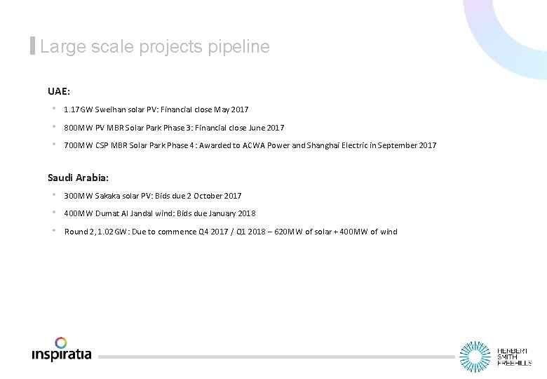 Large scale projects pipeline UAE: • 1. 17 GW Sweihan solar PV: Financial close