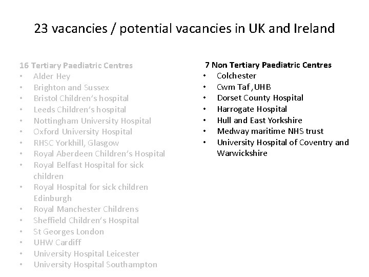 23 vacancies / potential vacancies in UK and Ireland 16 Tertiary Paediatric Centres •