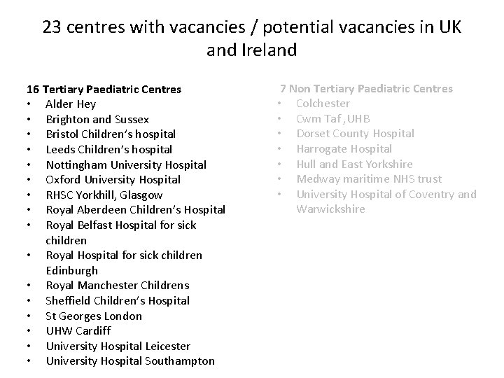 23 centres with vacancies / potential vacancies in UK and Ireland 16 Tertiary Paediatric