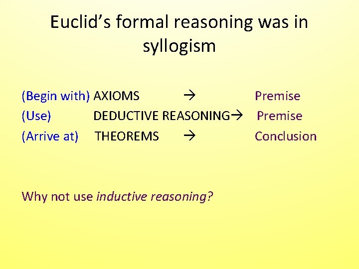 Euclid’s formal reasoning was in syllogism (Begin with) AXIOMS Premise (Use) DEDUCTIVE REASONING Premise Euclid’s formal reasoning was in syllogism (Begin with) AXIOMS Premise (Use) DEDUCTIVE REASONING Premise