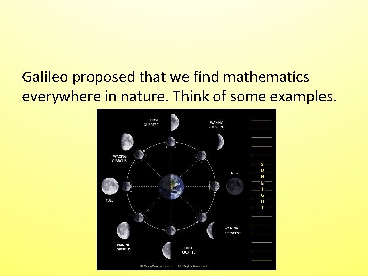 Galileo proposed that we find mathematics everywhere in nature. Think of some examples. Galileo proposed that we find mathematics everywhere in nature. Think of some examples.