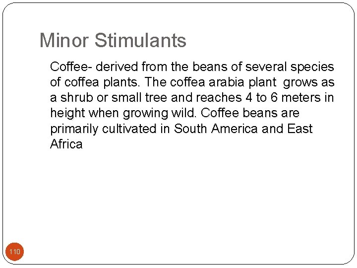 Minor Stimulants Coffee- derived from the beans of several species of coffea plants. The