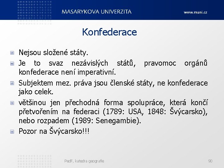 Konfederace Nejsou složené státy. Je to svaz nezávislých států, pravomoc orgánů konfederace není imperativní.