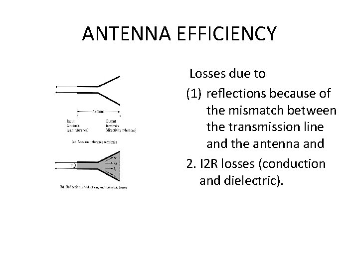 ANTENNA EFFICIENCY Losses due to (1) reﬂections because of the mismatch between the transmission