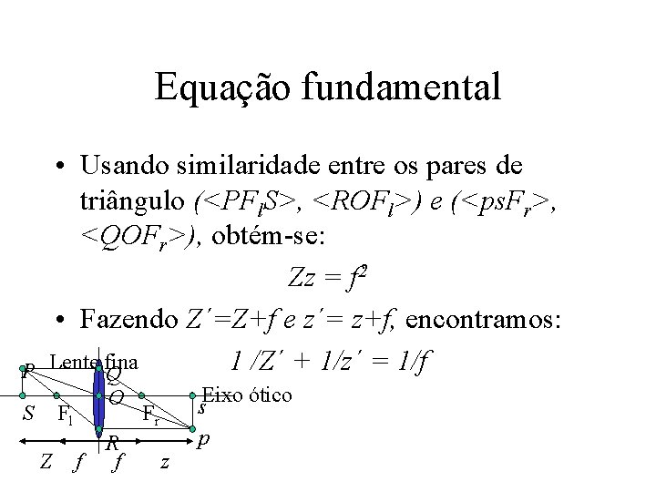 Equação fundamental P • Usando similaridade entre os pares de triângulo (<PFl. S>, <ROFl>)