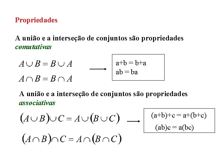 Propriedades A união e a interseção de conjuntos são propriedades comutativas a+b = b+a