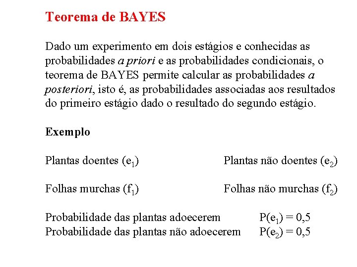 Teorema de BAYES Dado um experimento em dois estágios e conhecidas as probabilidades a